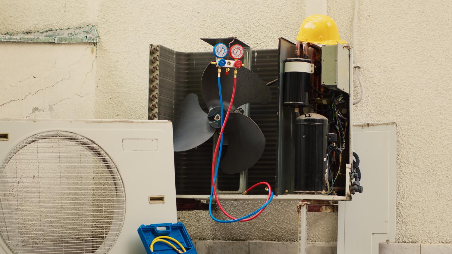 HVAC technician checking refrigerant pressure on an opened air conditioner in Ottawa
